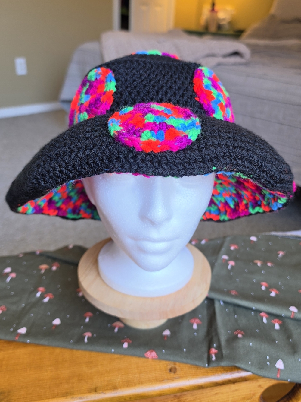 Black And Neon Crochet Mushroom Cap Hat